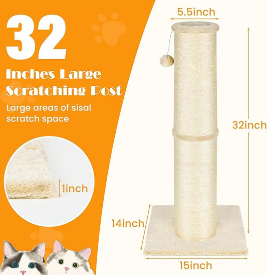 PAWSCRAT Cat Scratching Post 32 Inch High, 5.5 Inch Large Diameter Natural Sisal Cat Scratch Post, Scratch-Resistant and Durable Tall Cat Scratcher for Indoor Cats, Protect Your Furniture, Beige - PAWPICO