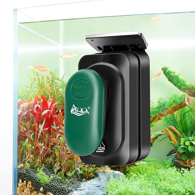 AQQA Aquarium Strong Magnetic Cleaner Brush, Fish Tank Glass Algae Magnet Cleaning Tool Floating Cleaner Scrubber Brush with 2 Detachable Scraper (Green,M) AQQA