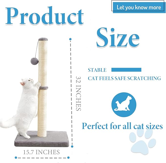 MeowHomm 32'' Tall Cat Scratching Post Cat Scratcher with Hanging Ball, Durable Cat Scratching Post for Indoor with Sisal Rope (Gray) - PAWPICO