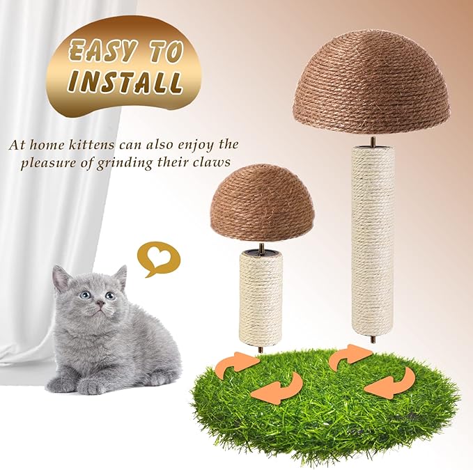 Cat Scratching Post - Mushroom Cat Scratcher Featuring with Natural Sisal Caps Scratch Pole and Sturdy Base for Kittens & Small Cats - Brown - PAWPICO