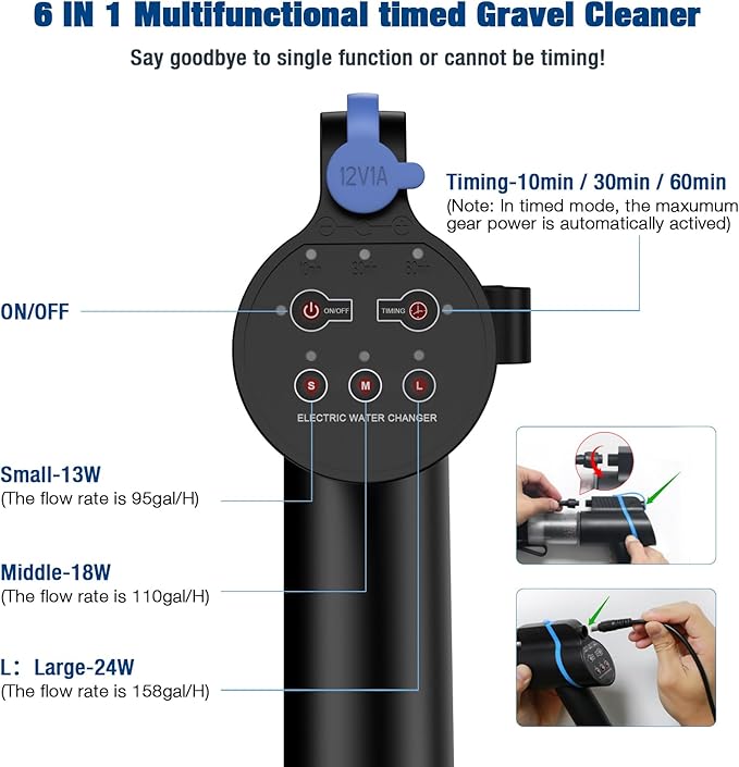 Electric Aquarium Vacuum Gravel Cleaner, 24W Fish Tank Cleaner with Adjustable Water Flow and Timed Off, Aquarium Gravel Vacuum for Automatic Water Change, Wash Sand StylusPenforiPad