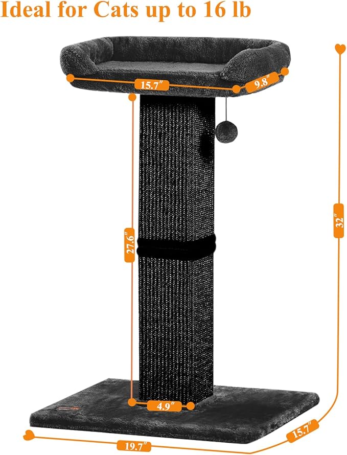32" Cat Scratching Post for Indoor Cats, Sisal Cat Scratcher with Plush Perch, Large Scratch Post with Bed, Removable Cover, Sisal Fabric,Black - PAWPICO