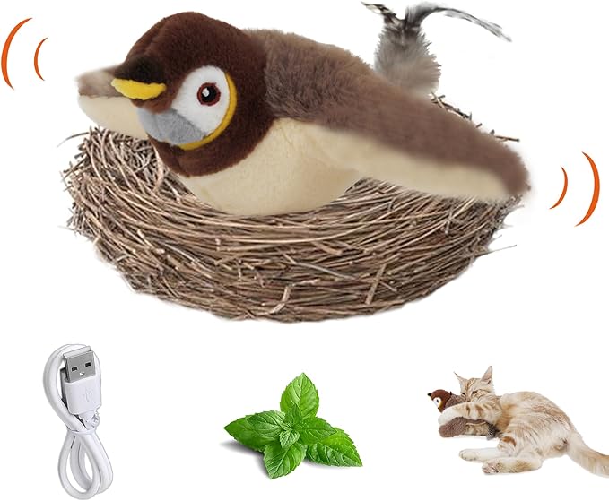 Flapping Bird Cat Toy, Rechargeable Lifelike Interactive Bird Cat Toys for Indoor Cats, Flapping Wings & Lively Chirping, Automatic Catnip Toys for Kitten Self Play Touch Activated (Sparrow) - PAWPICO