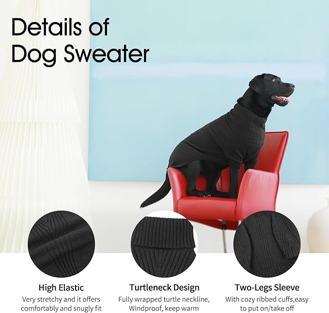 IECOii XXL Dog Sweater,Knit Big Dog Sweater Christmas,Pet Turtleneck Doggy Sweatshirt for Extra Large Dogs boy Girl,Large Size Dog Cold Weather Outfit English Bulldog Clothes for Winter,(Grey XXL) - PAWPICO