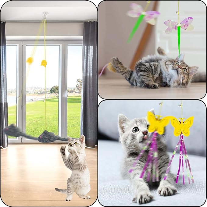 Cat Toys Indoor Hanging Door Retractable Bird Cat Toy for Kitten Fun Exercise Interactive String Feather Cat Toys for Hunting Chase (6 Pack) - PAWPICO