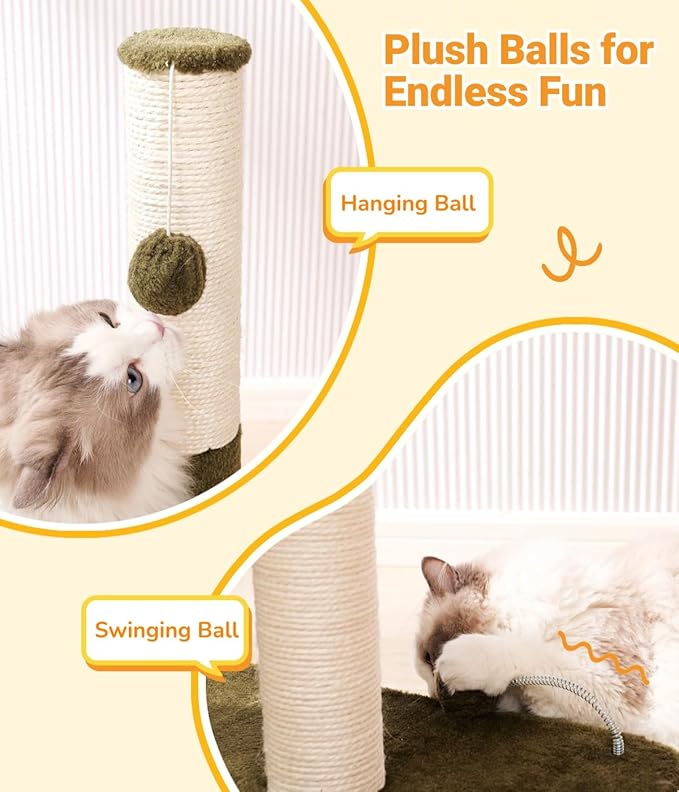 Happi N Pets 34“ Tall Cat Scratching Post for Big Cats, Natural Sisal Cat Scratchers for Indoor Cats, Heavy Duty Cat Stands Featuring with Cat Self Groomer and Hanging Toys, Free Catnip-Green - PAWPICO