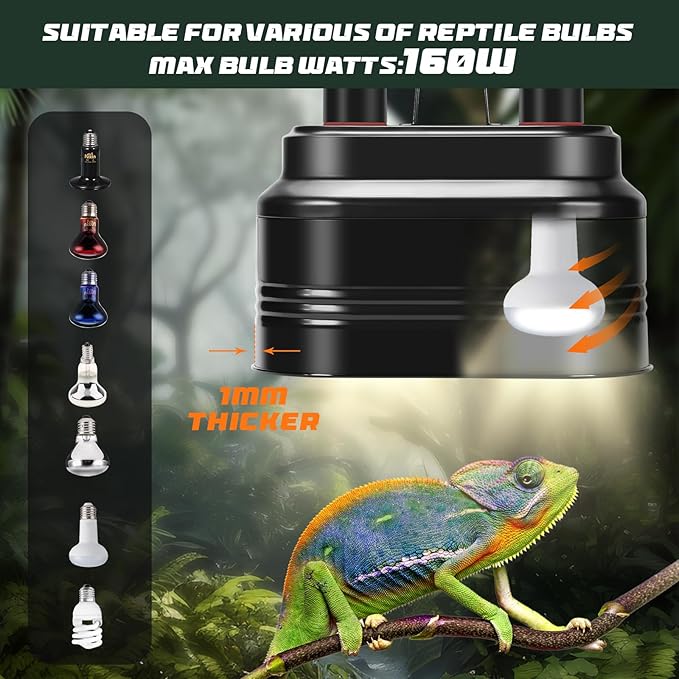 Dual Reptile Light Fixture with Thermostat Switch and Independent Switch, Deep Dome Reptile Heat Lamp Fixture Optical Reflector Lampshade for Bearded Dragon, Amphibians, Tortoise (Max 160W) WelcometoMECESORReptileWorld