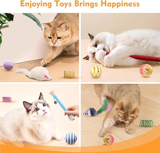 Cat Toys for Indoor Cats, 34 Packs Interactive Cat Toys for Kitten, Cat Toys Set with Colorful Cat Spring Toys, Cat Mouse Toy, Catnip Ropes, Colorful Balls and Bells, Sisal Ball - PAWPICO