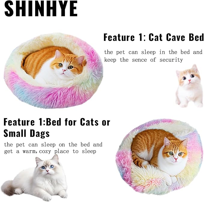 ShinHye Cat Bed Round Plush Fluffy Hooded Cat Bed Cave, Cozy for Indoor Cats or Small Dog beds, Soothing Pet Beds Doughnut Calm Anti-nxiety Dog Bed - Waterproof Bottom Washable (23×23inch, Multicolor) - PAWPICO