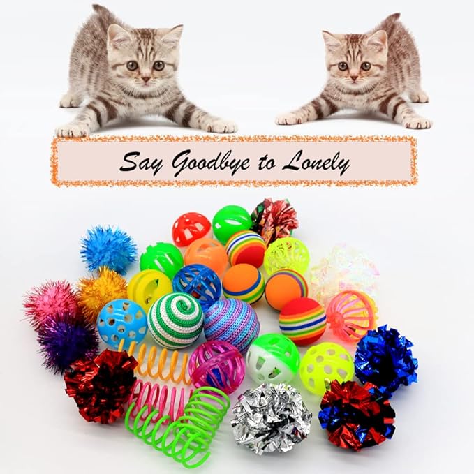 LASOCUHOO Cat Toys, Kitten Cat Ball Toys Assortments, Including Rainbow Ball, Crinkle Ball, Sparkle Ball, Bell Balls, Sisal Ball for All Cats 30 Packs - PAWPICO