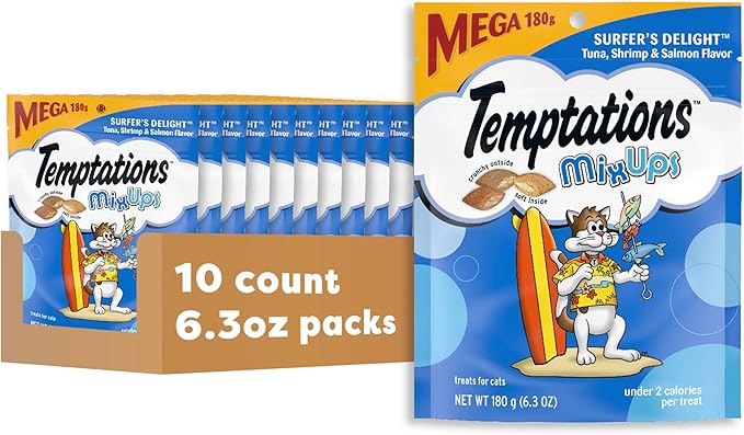 TEMPTATIONS MIXUPS Crunchy and Soft Cat Treats Surfer's Delight Flavor, 6.3 oz. Pouch, Pack of 10 Temptations