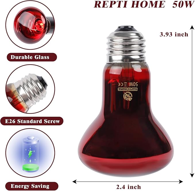 Reptile Heat Lamp,50W Red Basking Spot Lamp Bulb for Chickens Amphibians, Infrared Heat Emitter Light for Coop REPTIHOME