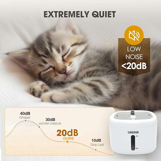 Cat Water Fountain - 2.2L Cat Fountain with Stainless Steel Drinking Tray, Ultra-Quiet 25dB Pet Water Fountain with LED Light and Water Level Window, Water Fountains for Cats Indoor - PAWPICO