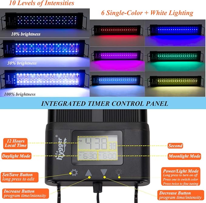 hygger Auto On Off LED Aquarium Light Extendable 12-17 Inches 7 Colors Sunrise Sunset Full Spectrum Light Fixture for Freshwater Planted Tank Build in Timer hygger