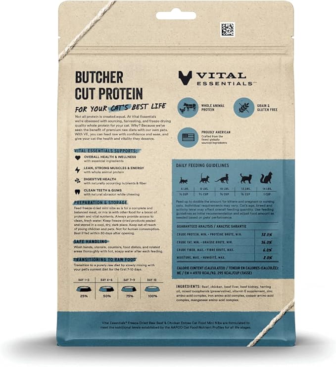 Vital Essentials Freeze Dried Raw Cat Food, Beef & Chicken Mini Nibs Entree, 12 oz VitalEssentials