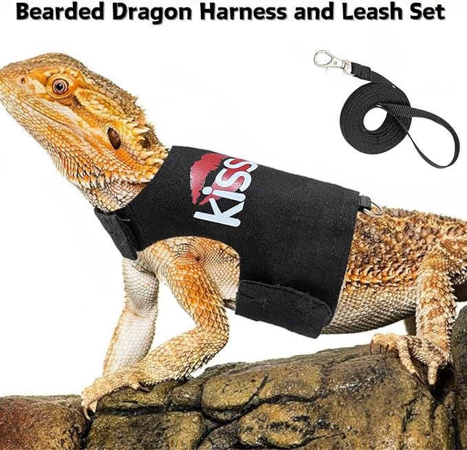 Bearded Dragon Harness and Leash Set - Adjustable Lizard Harness with Glow in The Dark Print Outdoor Traction Rope Walking Leash Reptile Halloween Costume Accessories for Small Pets (Black) SEZDEKI
