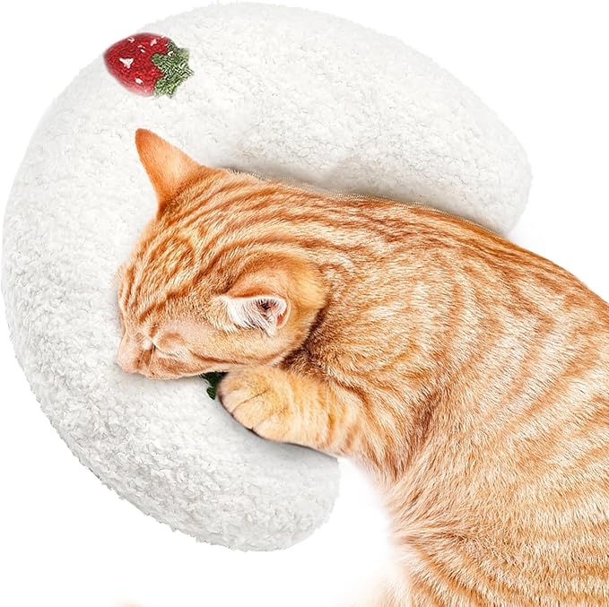 ucho Pillow for Cats, Ultra Soft Fluffy Pet Calming Toy Half Donut Cuddler, U-Shaped Pillow for Pet Cervical Protection Sleeping Improve - White ucho
