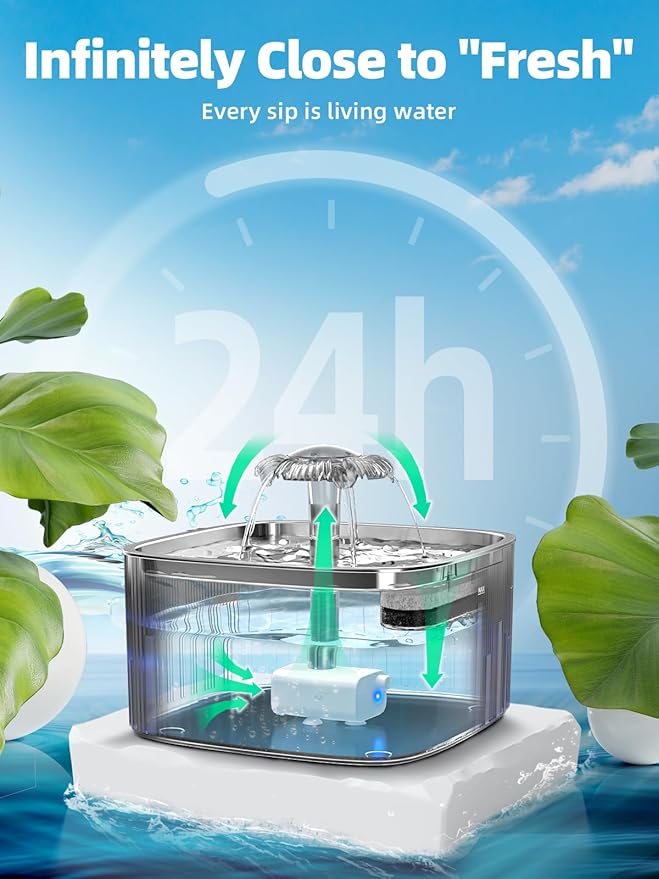 Cat Water Fountain: 75oz/2.2L Automatic Pet Water Dispenser for Cats with 304 Stainless Steel Water Tray, Musical Wave Design with LED Indicator Pet Water Fountain for Cats Inside - PAWPICO