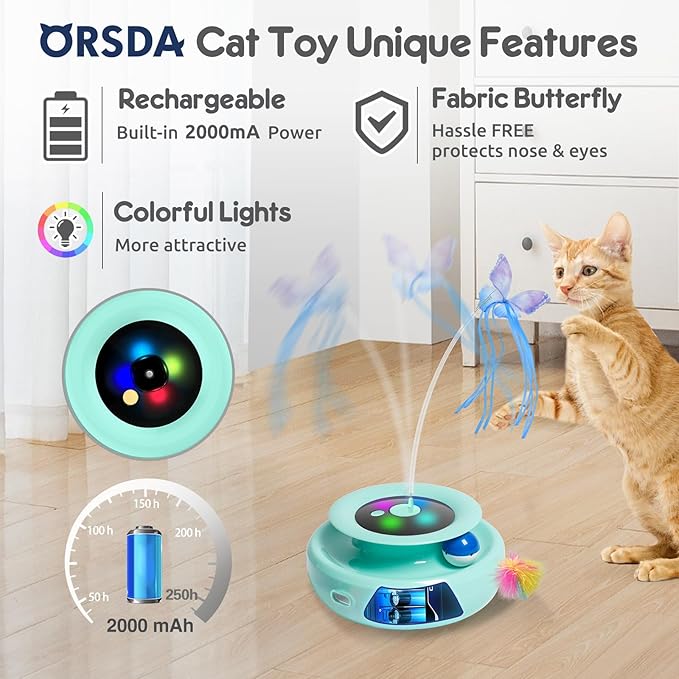 ORSDA Cat Toy, 3-in-1 Automatic Cat Toys for Indoor Cats, Electronic Whack a Mole, Fluttering Butterfly,Track Balls Kitten Toy, Rechargeable Power Interactive Feather Toys for All Breeds - PAWPICO