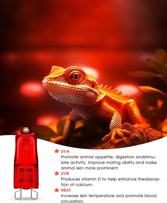 Reptile Heat Bulb, 50W Infrared Heat Lamp Bulbs for Reptiles, G9 Dimmable Red Night Light UVA Amphibians Heat Lamp, 2 Pin Base Mini Heat Bulbs, Bearded Dragon, Turtle Lizard, 4 Pack Total 200W Flaspar