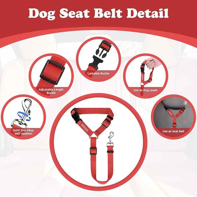 BWOGUE 2 Packs Dog Cat Safety Seat Belt Strap Car Headrest Restraint Adjustable Nylon Fabric Dog Restraints Vehicle Seatbelts Harness Red BWOGUEPetHome