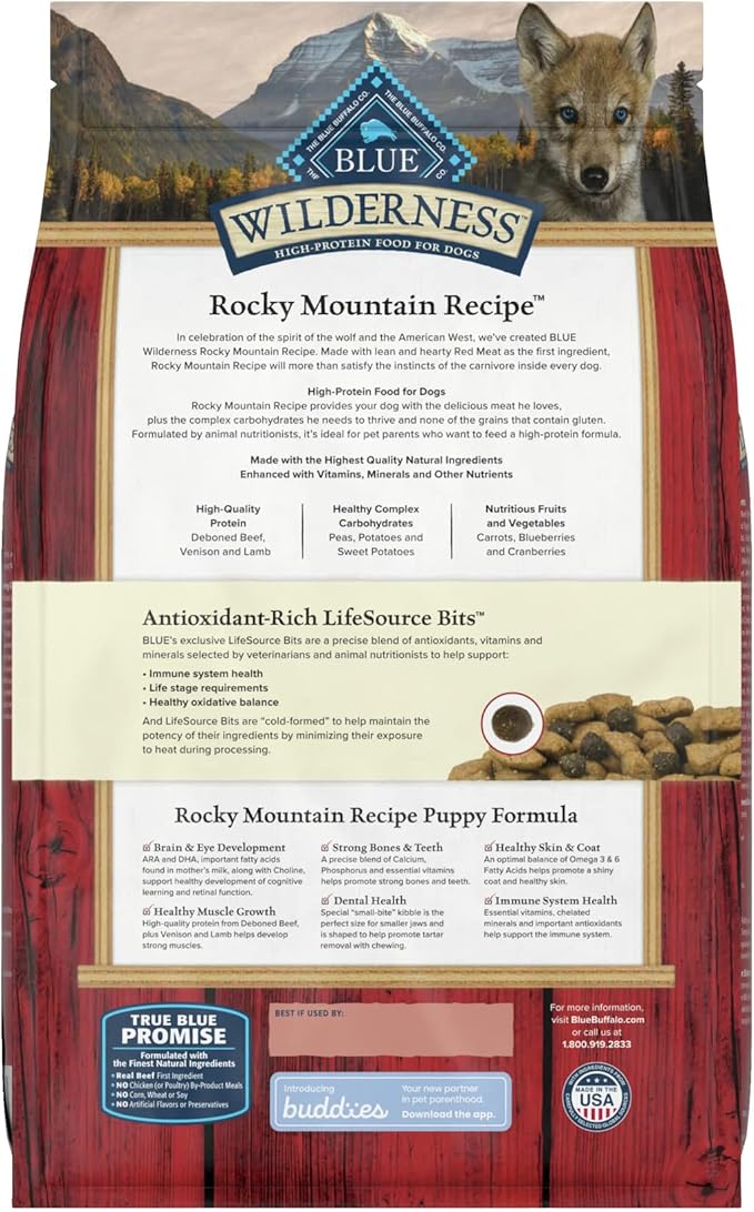Blue Buffalo Wilderness Rocky Mountain Recipe High Protein, Natural Puppy Dry Dog Food, Red Meat 4-lb - PAWPICO