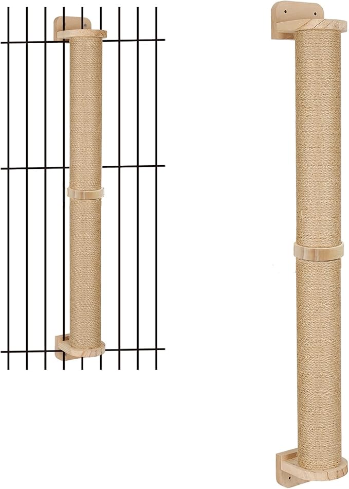 2 Tier Cat Wall Wood Sisal Scratching Post for Indoor - 37 inch Tall- Vertical or Horizontal Wall Mounted Cat Scratcher, Cat Scratching Board, Cat Activity Trees Cat Wall Furniture Shelves - PAWPICO
