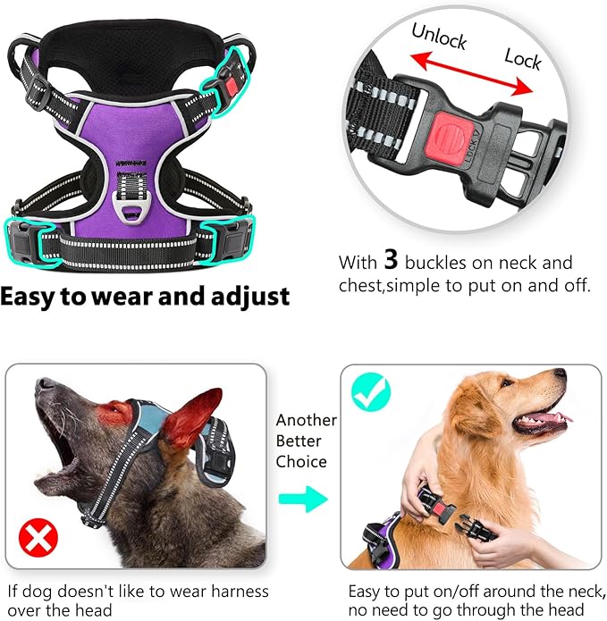 Timos Dog Harness Large Sized, No Pull Dog Harness with Neck Lockable Snap,No Choke Front Clip Dog Reflective Harness,Adjustable Metal Rings 3 Buckles,Easy Control Handle for Large Dogs Purple XL Timos