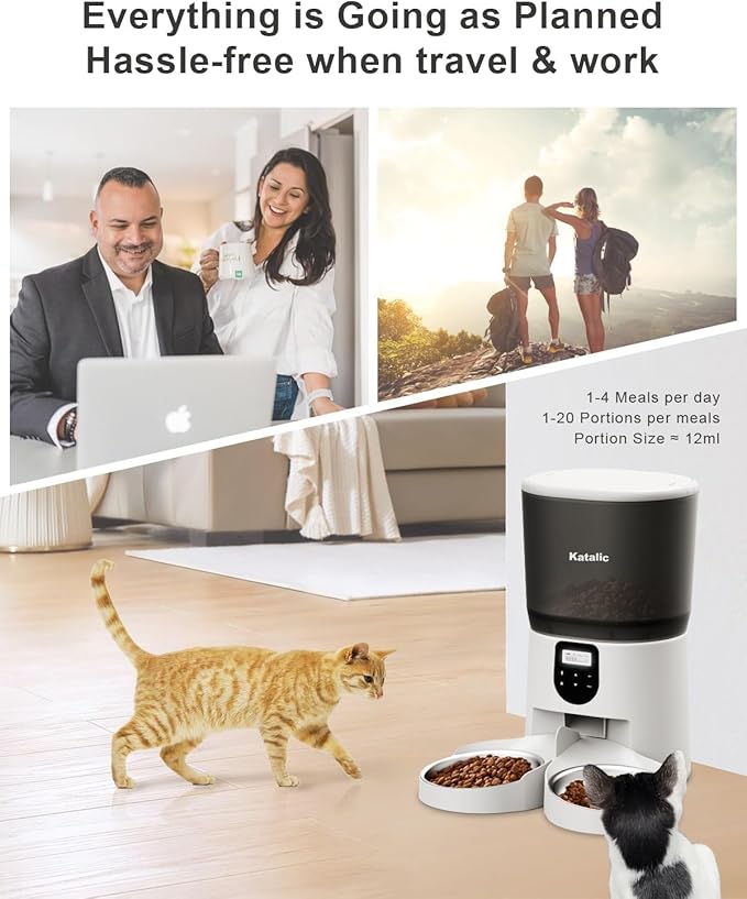 Automatic Cat Feeder for 2 Cats, 6L/25Cups Cat Food Dispenser with 2 Stainless Bowls, Pet Feeder with Timer Setting 20 Portions 4 Meals Per Day for Cats and Dogs, Dual Power Supply 10s Meal Call - PAWPICO