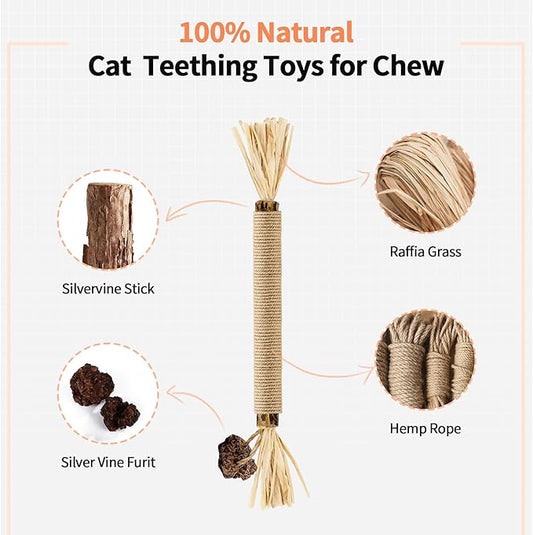 Cat Toys - 3PCS Silvervine Chew Sticks & 1PCS Silvervine Powder, Cat Dental Toys for Kitten Teeth Cleaning, 100% Natural Catnip Alternative for Chewing, Training & Playing - PAWPICO