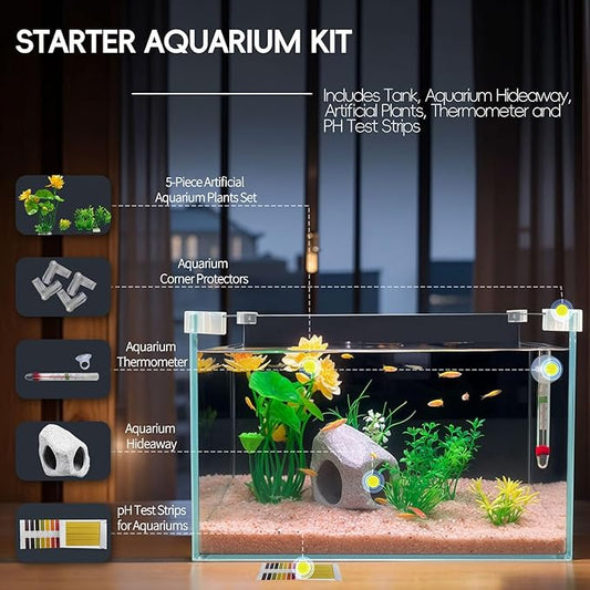 3.4-Gallon Ultra Clear Low Iron Glass Fish Tank Kit, Fish Tank for Betta Fish, with Fish Hideaway, Artificial Water Plants, Thermometer, and PH Test Paper WelcometoCICKSEED