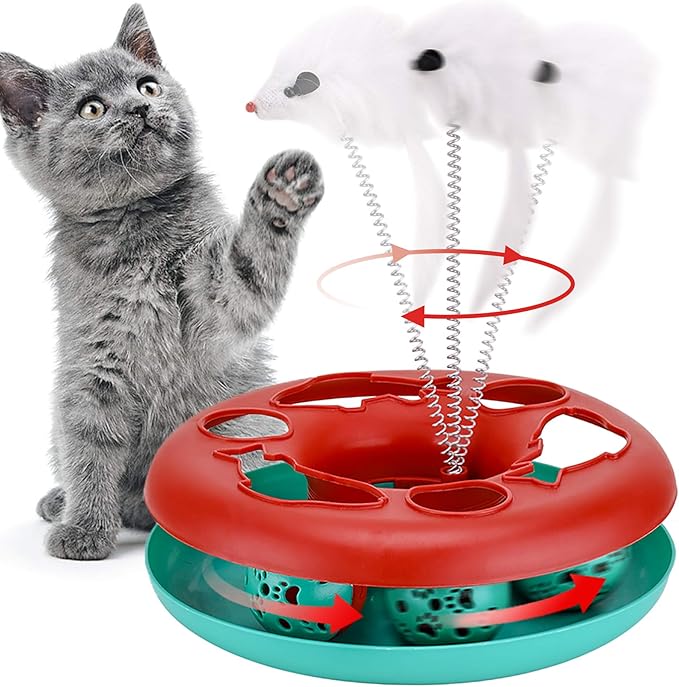 Cat Toys, Cat Toys for Indoor Cats,Interactive Kitten Toys Roller Tracks with Catnip Spring Pet Toy with Exercise Balls Teaser Mouse (red) - PAWPICO