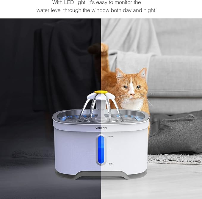Cat Water Fountain with Stainless Steel Top and 2 Flower Spouts, 2.5L Pet Water Fountain with Led Light and Water Level Window - PAWPICO