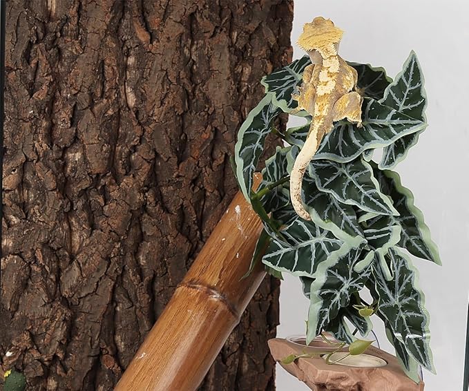 Reptile Plants for Terrarium, Amphibian Habitat Decor Artificial Hanging Plants with Suction Cup - Fake Alocasia Black Velvet WOLEDOE
