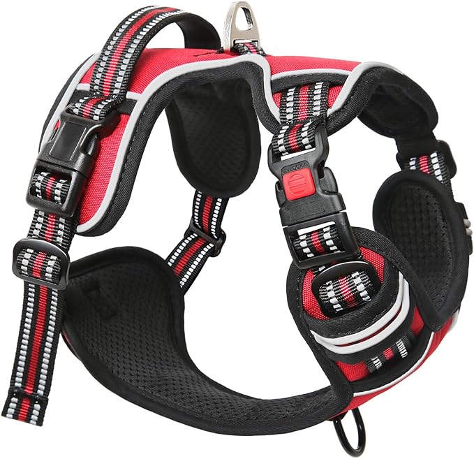 Timos Dog Harness Medium Sized, No Pull Dog Harness with Neck Lockable Snap,No Choke Front Clip Dog Reflective Harness,Adjustable Metal Rings 3 Buckles,Easy Control Handle for Medium Dogs Red M Timos