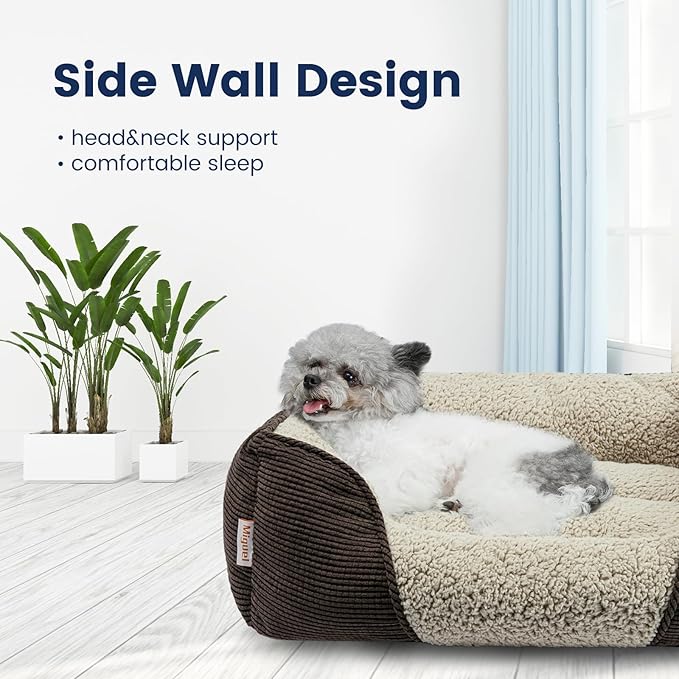 Miguel Washable Dog Bed with Removable Cushion for Medium Small Dogs, Easy to Wash Pet Sofa Bed with Side, Rectangle Bolster Cat Bed Calming Cuddle Puppy Bed with Anti-Slip Bottom, Brown 30 Inch - PAWPICO