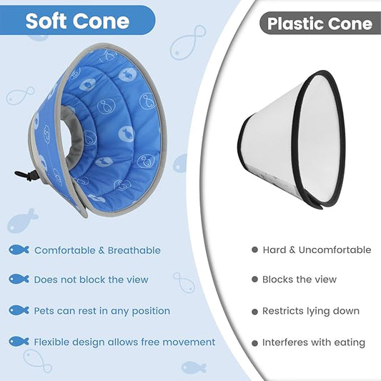 Cat Cone Collar Soft, Cat Cones to Stop Licking, Adjustable Cat Cone Water Resistant, Foldable, Adjustable, Lightweight (Blue Fish, Small) IDOGCHEW