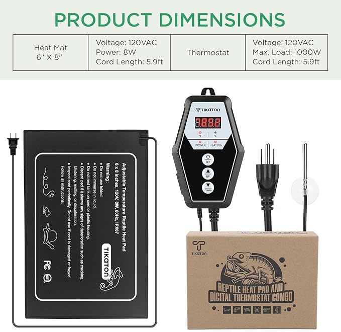 Tikaton Reptile Heating Pad and Digital Thermostat Combo Set, Under Tank Heater for 10-20gal/30-40gal Tank, Terrarium Heat Mat for Turtle/Snake/Lizard/Frog/Spider/Plant Box Tikaton