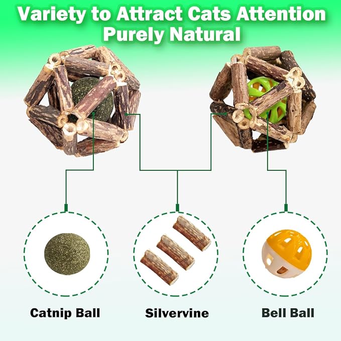 Cat Toys, 4 Packs Catnip Ball Toys, Nature Silvervine Stick Cage Cat Bell Balls, Catnip Toys for Cleaning Teeth, Relaxing Cats, for All Breeds - PAWPICO