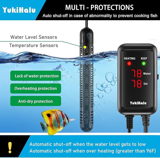YukiHalu Aquarium Heater 50/100/200/300/500W with Protective Case, Fish Tank Heater, Temperature Adjustable, External Temperature Controller, LED Display, Used for 10/20/40/75/120 Gallons (100W) YukiHalu