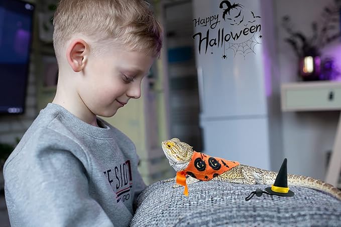 Vehomy 4Pcs Halloween Bearded Dragon Witch Costume Bearded Dragon Witch Hats Lizard Bandanas with Pumpkin Candy Pattern Lizard Wizard Hat Lizard Pumpkin Scarf Outfit for Hamster Leopard Gecko Vehomy
