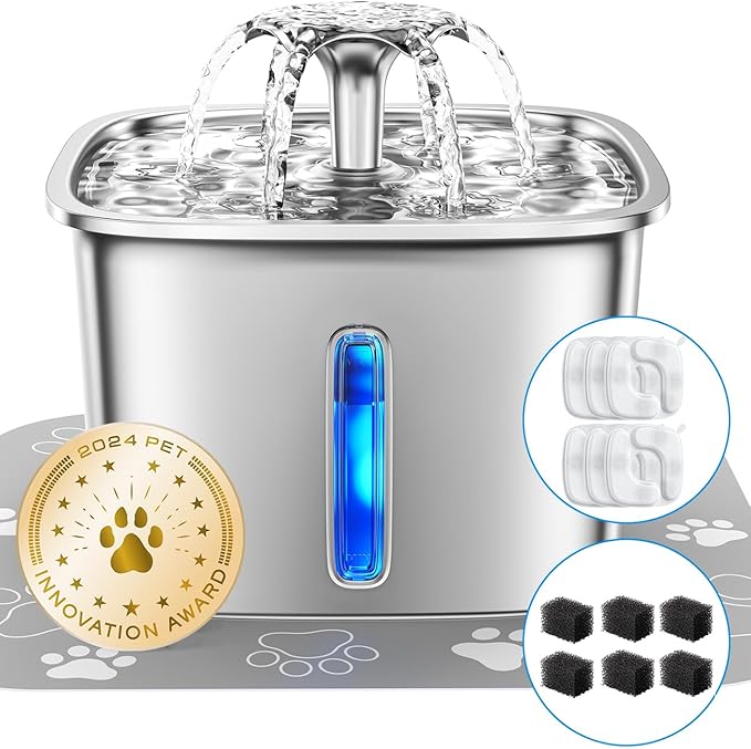 Veken Innovation Award Winner Stainless Steel Cat Water Fountain, 95oz/2.8L Automatic Pet Fountain with 6 Replacement Filters & 6 Pre-Filter Sponges & Silicone Mat for Cats, Dogs (Silver) - PAWPICO