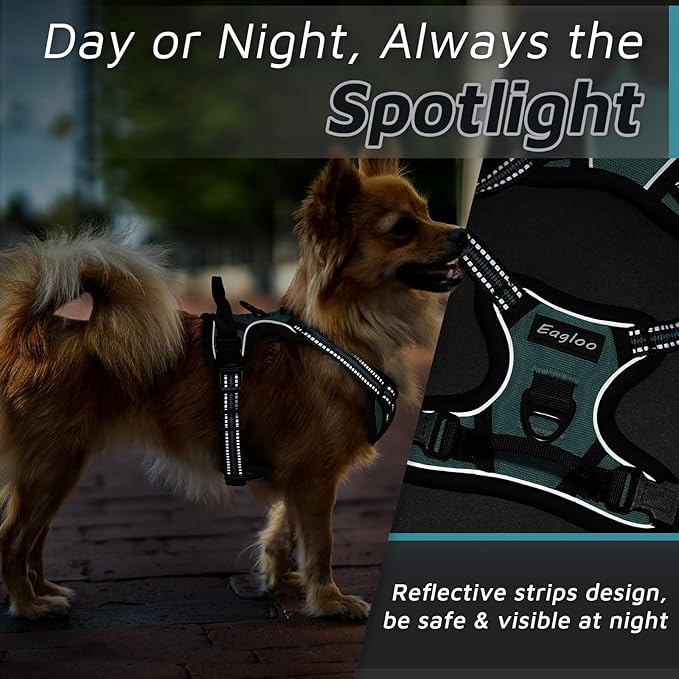 Eagloo Small Dog Harness No Pull, Service Vest with Reflective Strips and Control Handle, Adjustable and Comfortable for Easy Walking, No Choke Pet Harness with 2 Metal Rings, Dark Green, XS GoExplorewithEagloo