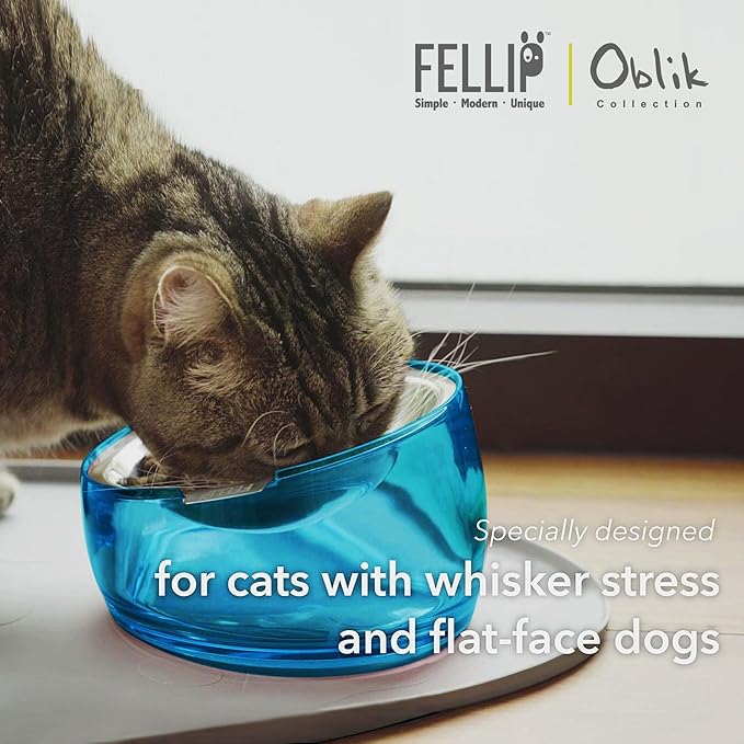 Felli Pet Oblik Whisker Fatigue Cat Food Bowl Raised Stainless Steel Shallow Dish Pet Friendly Modern Design, Anti Vomiting Elevated Wide Plate Feeder No Slip Weighted Acrylic Base (0.5Cup, Sapphire) - PAWPICO