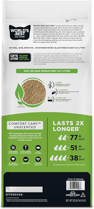 WORLD'S BEST CAT LITTER Comfort Care Unscented, 32-Pounds - Natural Ingredients, Quick Clumping, Flushable, 99% Dust Free & Made in USA - Long-Lasting Odor Control & Easy Scooping - PAWPICO