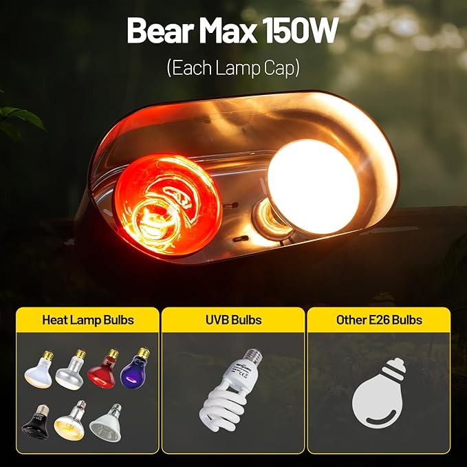 Dual Reptile Light Fixture with Separate Switches, 11.2in Double Dome Light Fixtures for Reptile Heat Lamp, Max 150W, Terrarium Habitat UVB Light Fixture for Reptiles Amphibians CAVACHEWReptileSupplies