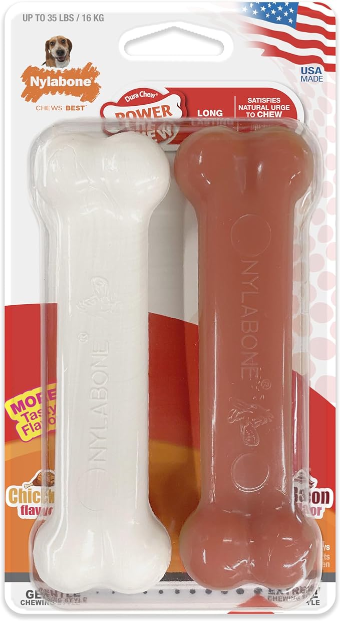 Nylabone Power Chew Classic Bone Chew Toy for Dogs, Durable Dog Toys for Aggressive Chewers, Bacon & Chicken Flavor, Medium/Wolf (2 Count) - PAWPICO