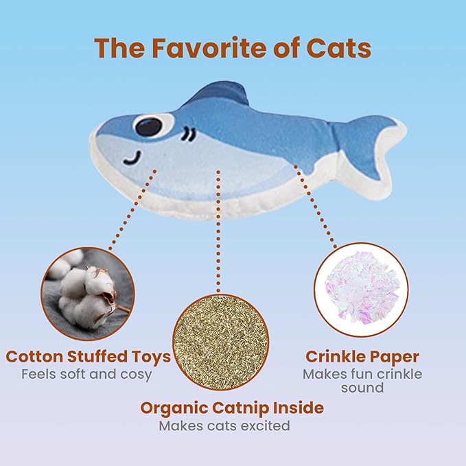 Cat Toys Fish, 4 Pack Crinkle Catnip Toys for Indoor Cats, Soft Durable Kitten Teething Toys, Interactive Cat Kicker Toys for All Breeds - PAWPICO