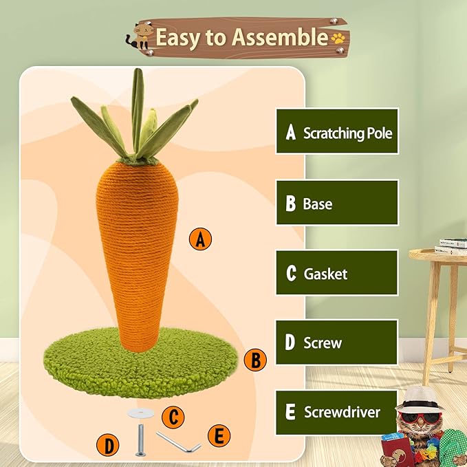 AUSCAT Cat Scratching Post, Cute Carrot Scratching Post, Nature Sisal Cat Scratcher for Indoor Cats and Kittens - PAWPICO