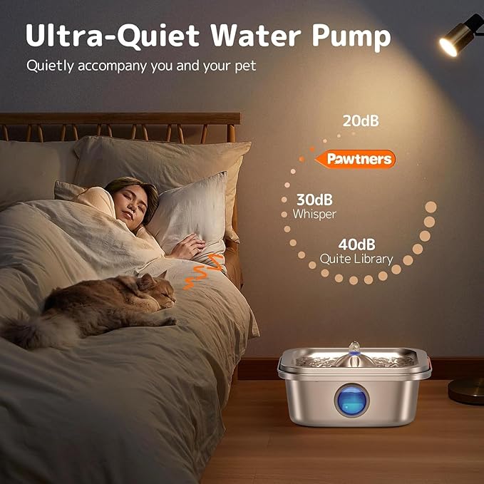 Cat Water Fountain Stainless Steel, 4L/135oz Cat Fountain, Automatic Dog Drinking Dispenser with Water Level Window, 10 Filters, Metal Pet Water Bowl Indoor, Quiet Pump, Easy Cleaning - PAWPICO